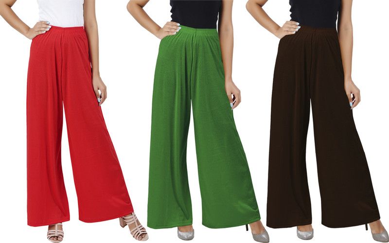 Pack of 3 Women Flared Red, Green, Brown Cotton Blend Trousers