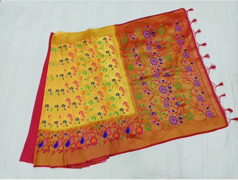 Woven, Dyed Banarasi Silk Blend, Jacquard Saree  (Yellow)