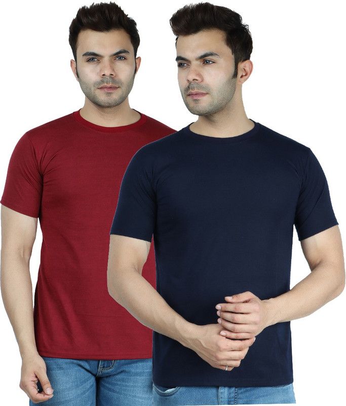 Pack of 2 Solid Men Half Sleeve Round Neck T-shirt Men Solid Round Neck Cotton Blend Blue, Maroon T-Shirt