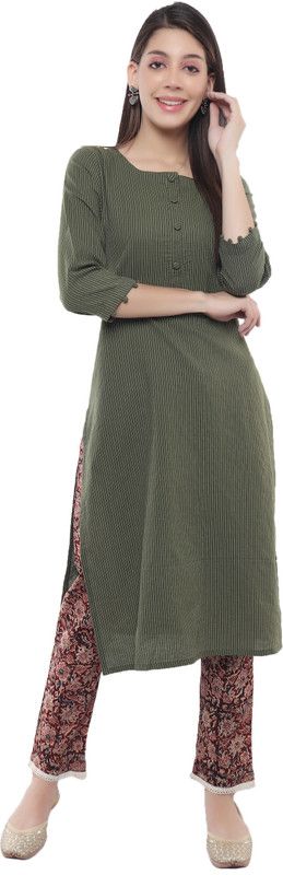 Women Striped Pure Cotton Straight Kurta  (Dark Green)