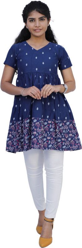 Printed Cotton Blend Stitched Straight Gown  (Dark Blue, White)
