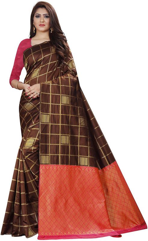 Woven Banarasi Silk Blend Saree  (Brown, Pink)