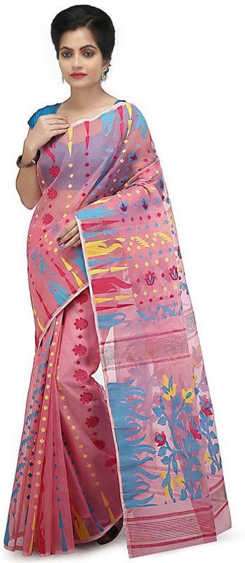 Self Design Jamdani Cotton Silk Saree  (Red, White)