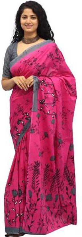 Printed, Blocked Printed Ikkat Pure Cotton Saree  (Pink, Grey)