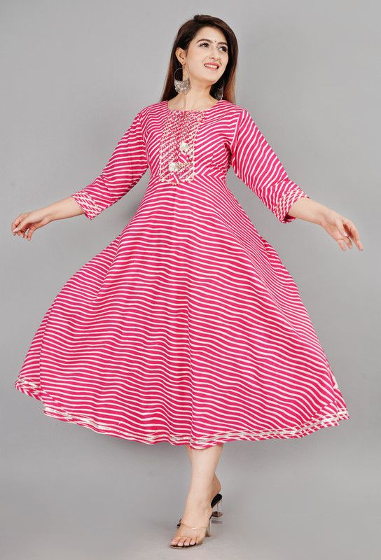 Printed Pure Cotton Stitched Flared/A-line Gown  (Pink)