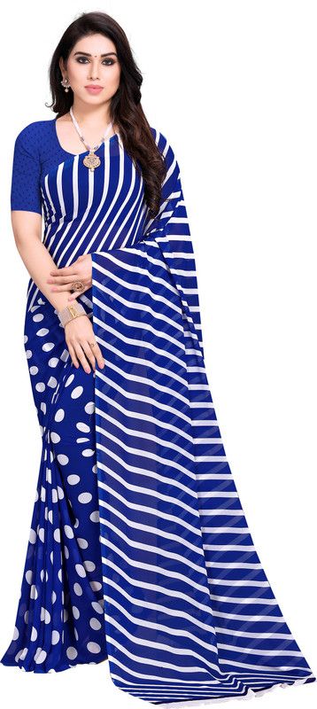 Striped, Polka Print Daily Wear Georgette Saree  (Blue)