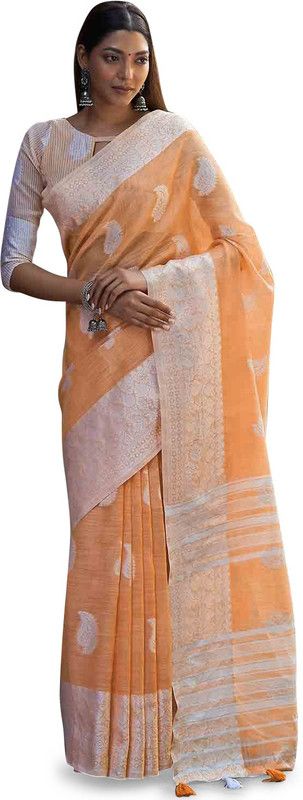 Embroidered Bollywood Linen Saree  (Orange)