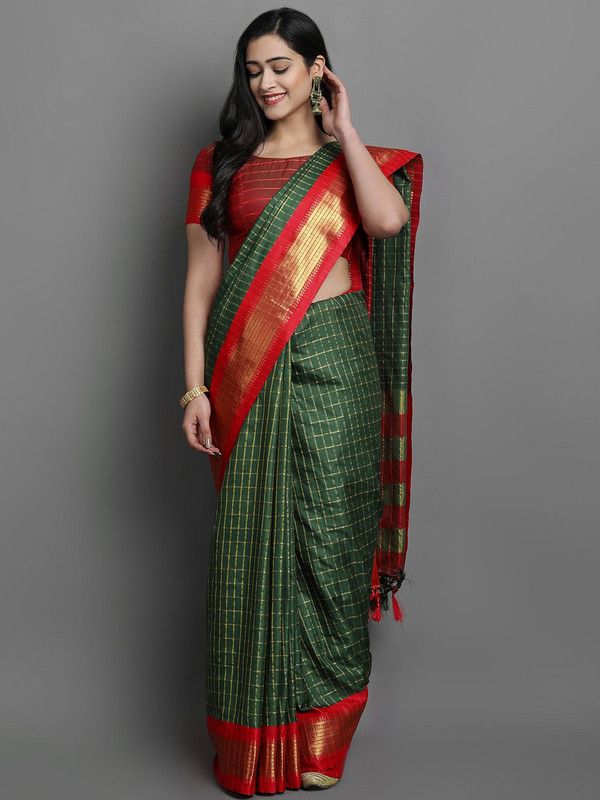 Checkered Bollywood Cotton Silk Saree  (Green, Red)