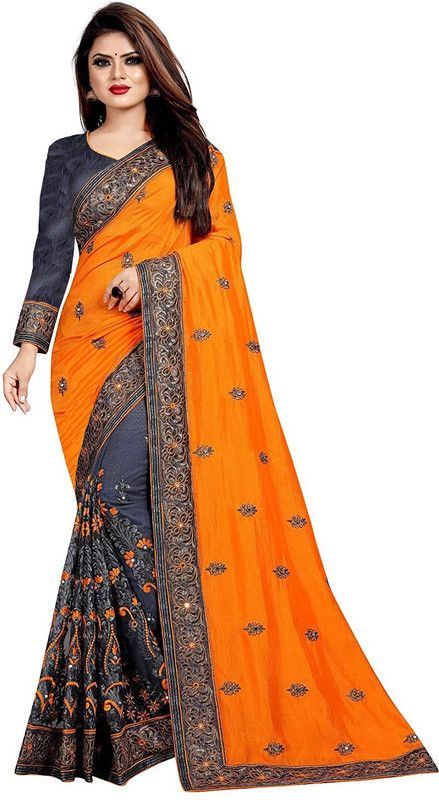 Embroidered Bollywood Net Saree  (Orange, Grey)