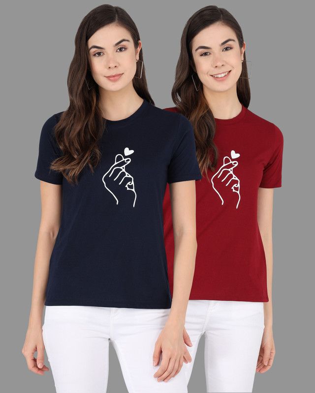 Pack of 2 Women Printed Round Neck Pure Cotton Blue, Maroon T-Shirt