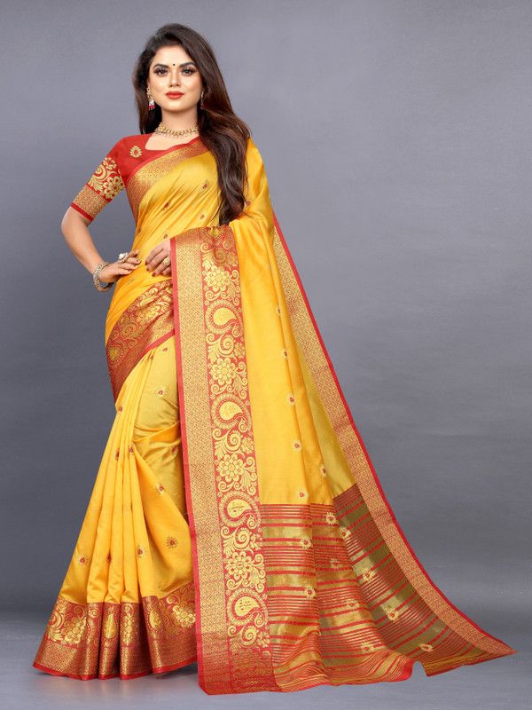 Woven Kanjivaram Jacquard, Cotton Silk Saree  (Red, Yellow)
