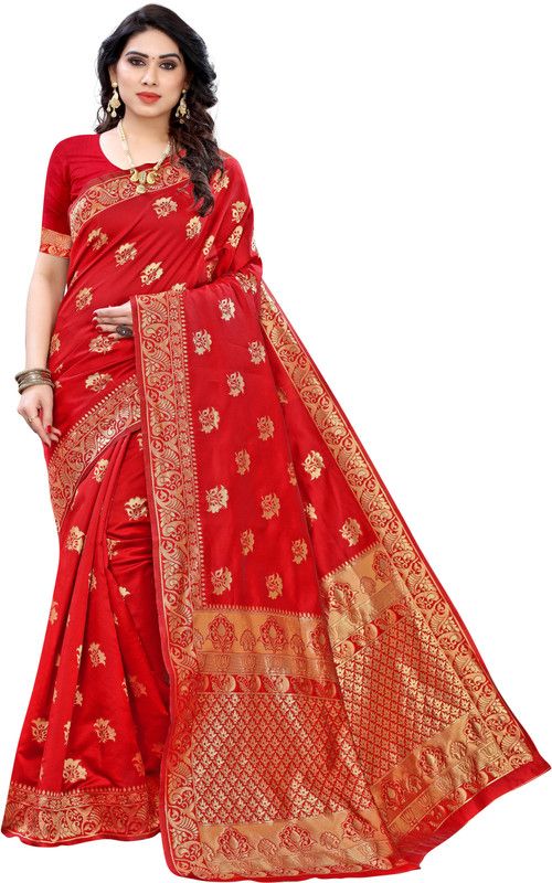 Floral Print Bollywood Silk Blend Saree  (Red)