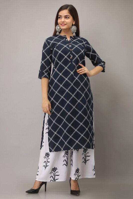 Women Checkered Viscose Rayon Straight Kurta  (Dark Blue, White)