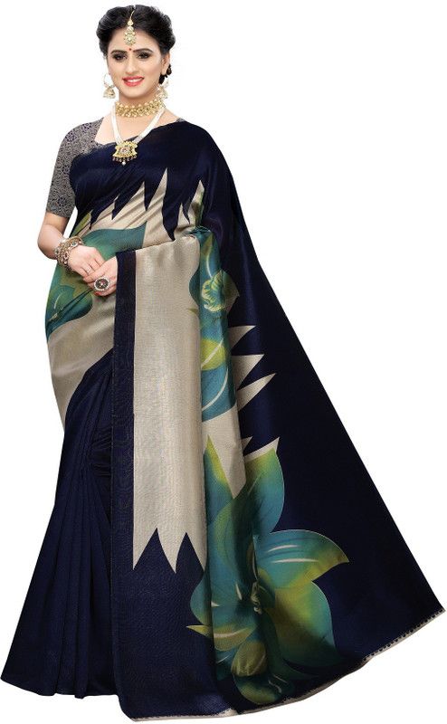 Printed Bollywood Silk Blend, Art Silk Saree  (Dark Blue)