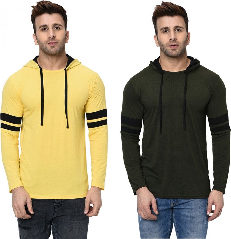 Pack of 2 Men Colorblock Hooded Neck Cotton Blend Dark Green, Yellow T-Shirt