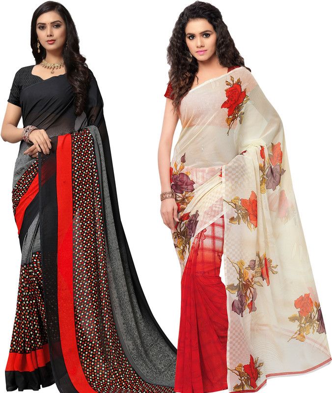 Daily Wear Georgette Saree  (Pack of 2, Red, White, Black, Grey)