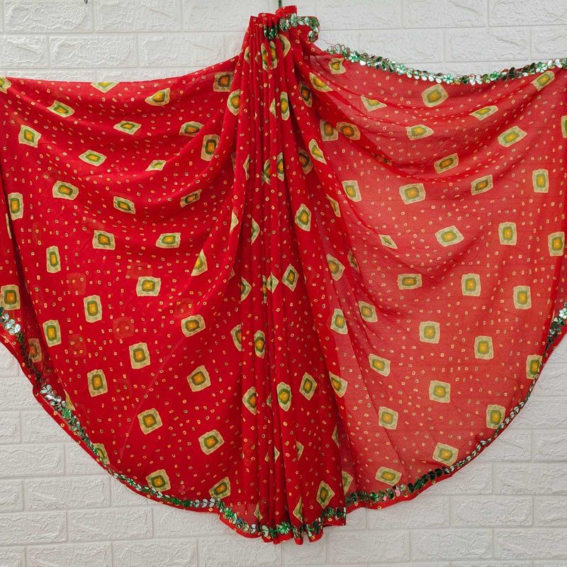 Embellished Bandhani Georgette Saree  (Red)