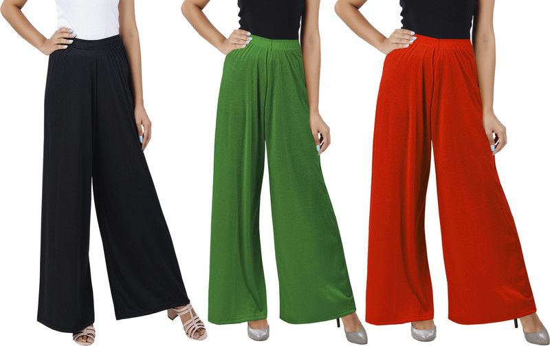 Pack of 3 Women Flared Black, Green, Orange Cotton Blend Trousers