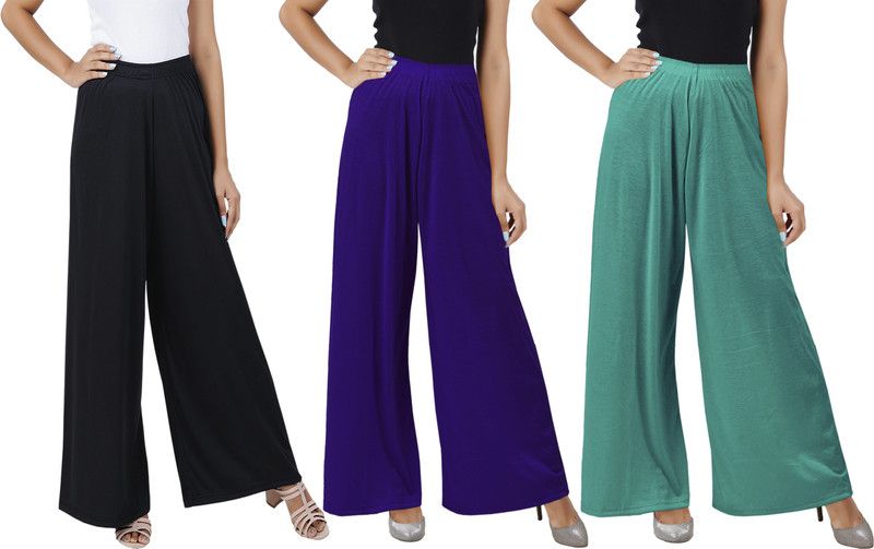 Pack of 3 Women Flared Black, Purple, Green Cotton Blend Trousers