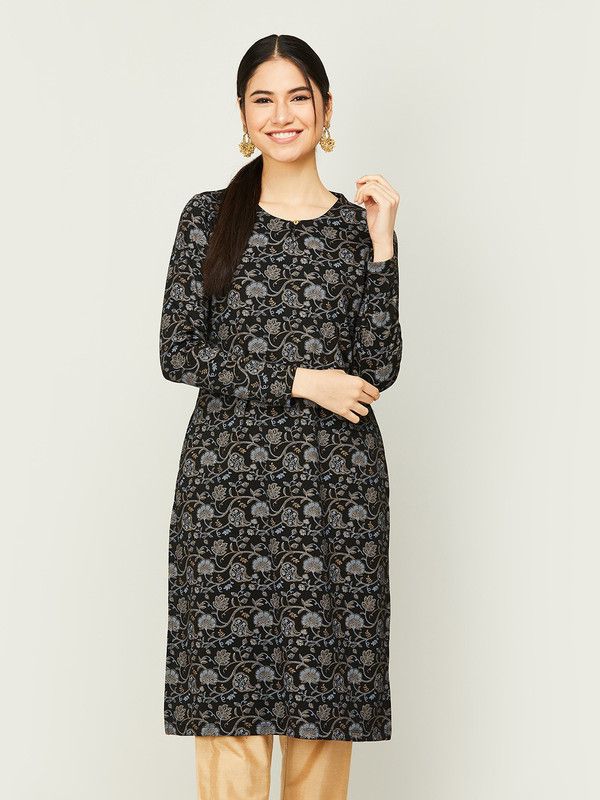 Women Floral Print Polyester Asymmetric Kurta  (Beige, Black, Grey)