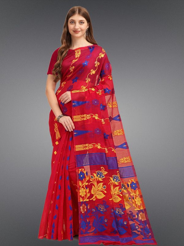 Jamdani Cotton Silk, Muslin Saree  (Pink)