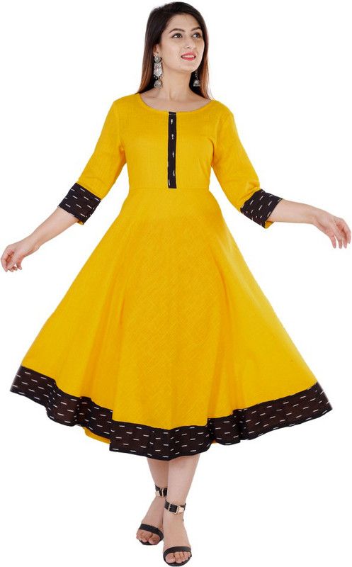 Women Printed Cotton Silk Anarkali Kurta  (Yellow)