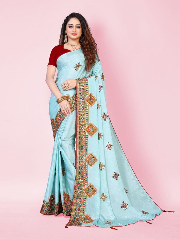 Printed, Self Design, Embroidered, Embellished, Woven, Solid/Plain Bollywood Silk Blend, Art Silk Saree  (Light Blue)