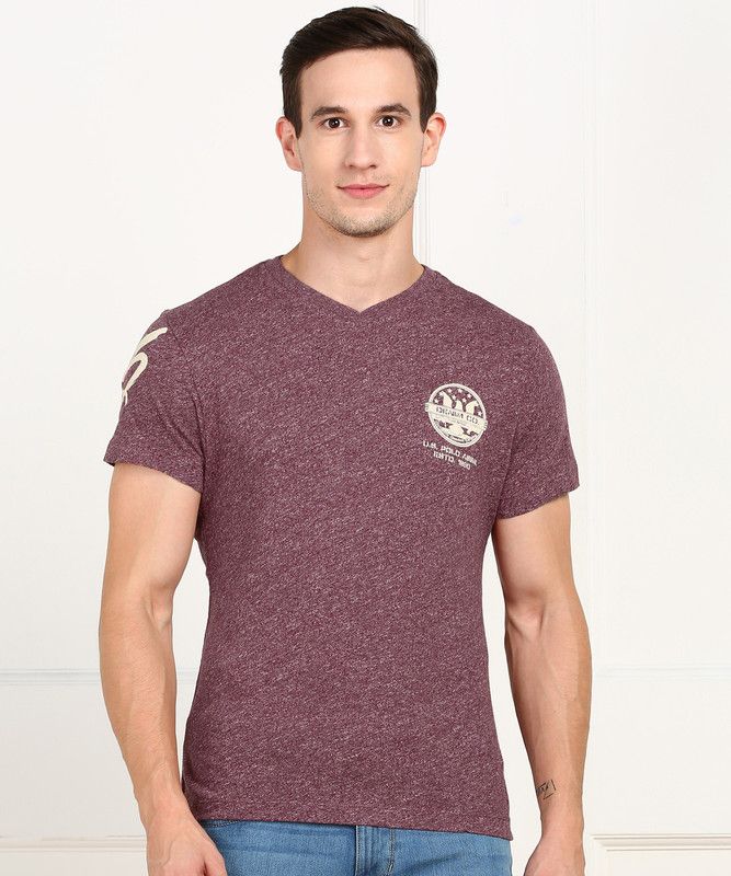 Men Self Design V Neck Pure Cotton Maroon T-Shirt