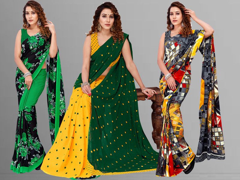 Bollywood Georgette Saree  (Pack of 3, Multicolor)