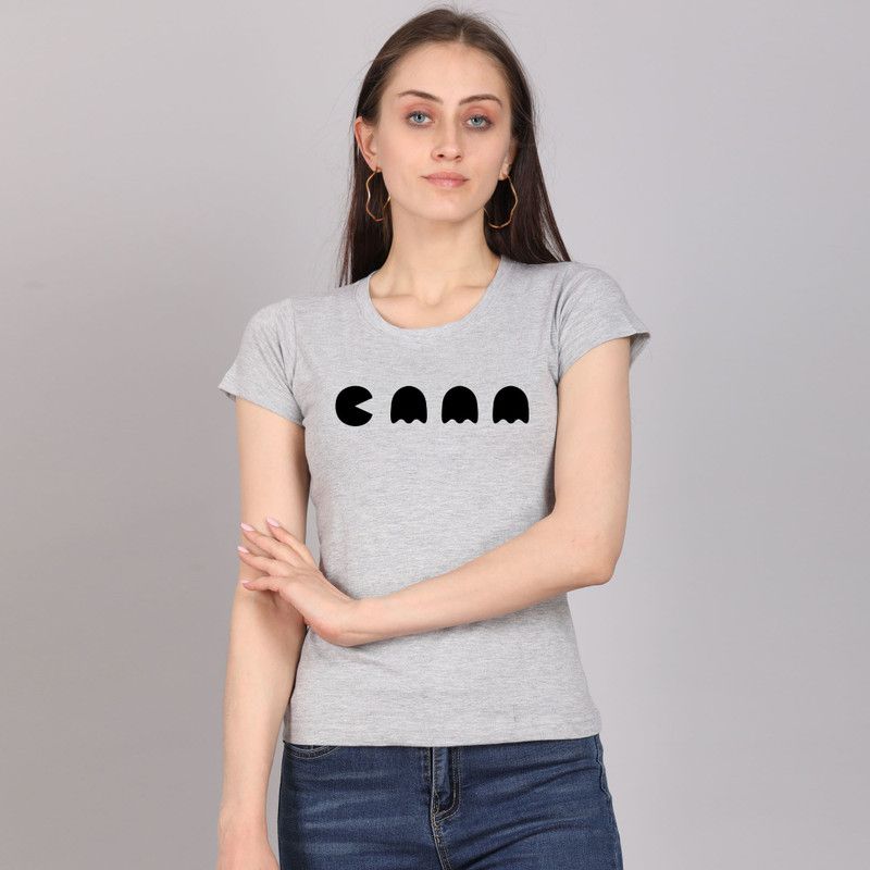 Women Graphic Print Round Neck Cotton Blend Grey T-Shirt
