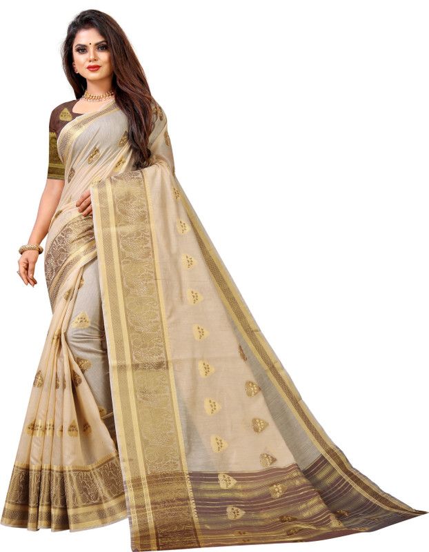 Printed Bollywood Jacquard, Cotton Silk Saree  (Gold, Beige)