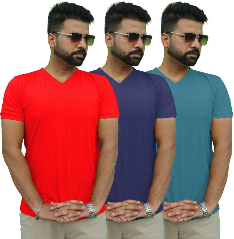 Pack of 3 V-Neck t-shirt Men Solid V Neck Pure Cotton Multicolor T-Shirt