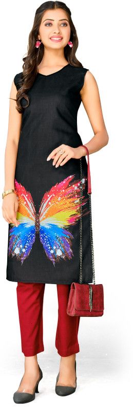 Women Printed Polyester Straight Kurta  (Black)