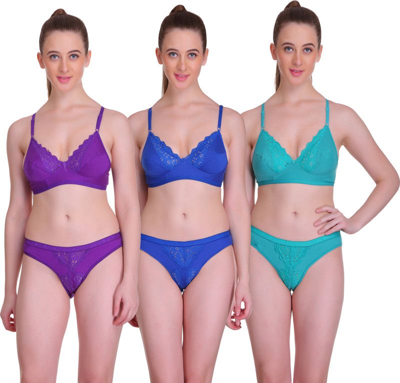 Bra & Panty Set Printed Purple, Green, Blue Lingerie Set