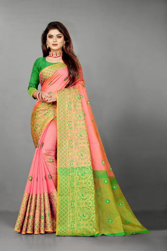 Animal Print Fashion Jacquard Saree  (Orange, Green)