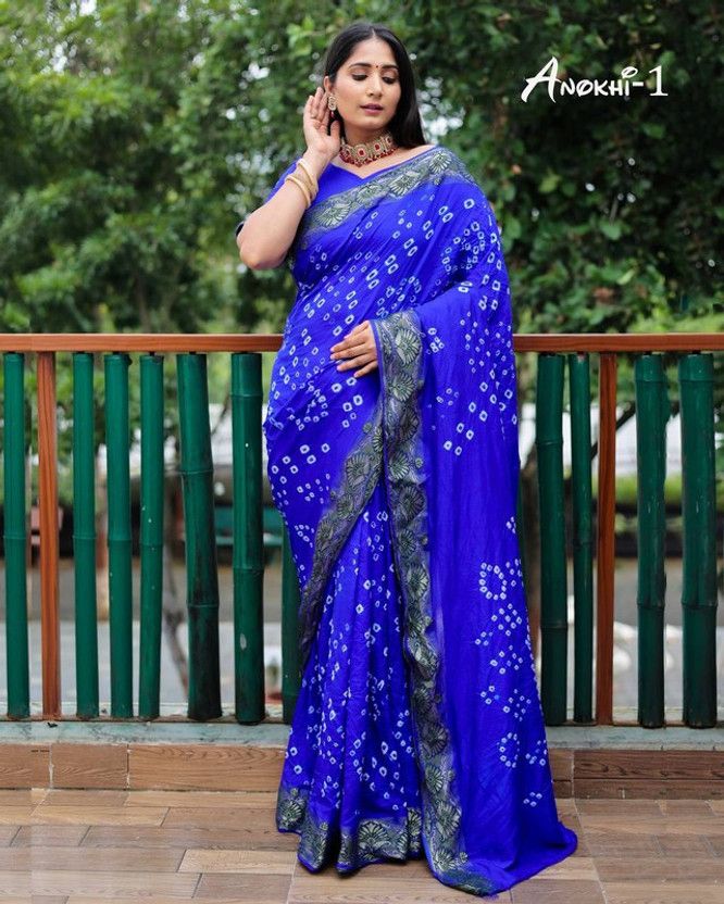 Printed Bandhani Pure Silk Saree  (Blue)