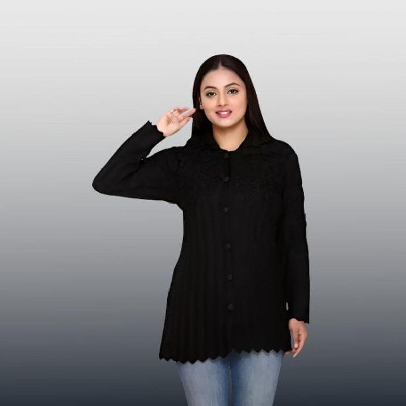 Women Self Design Collared Neck Black Sweater