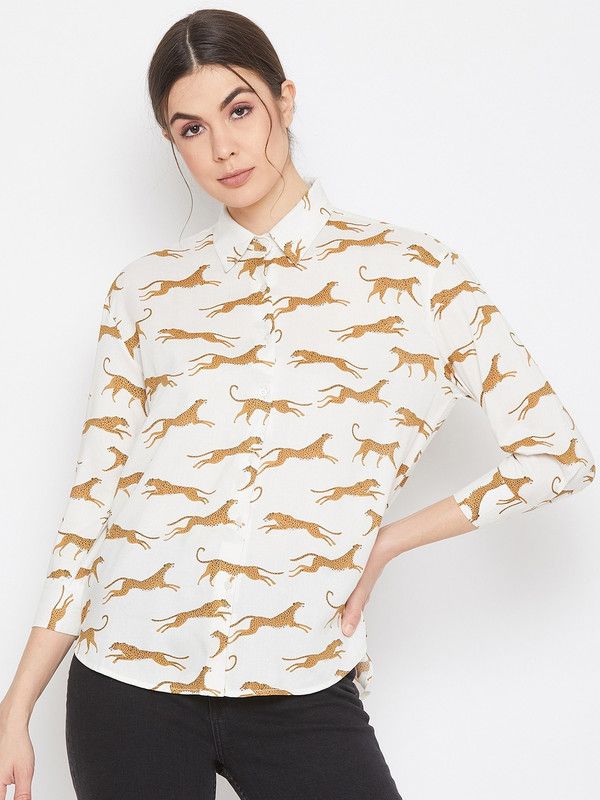 Women Slim Fit Animal Print Spread Collar Casual Shirt