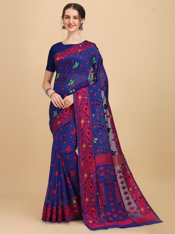 Self Design Jamdani Cotton Linen Saree  (Blue)