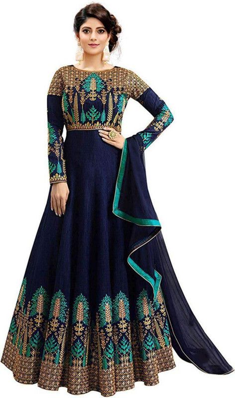 Embroidered Art Silk Semi Stitched Anarkali Gown  (Dark Blue)