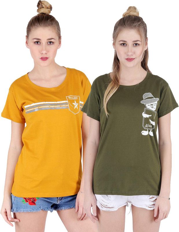 Pack of 2 Women Printed Round Neck Cotton Blend Yellow, Green T-Shirt