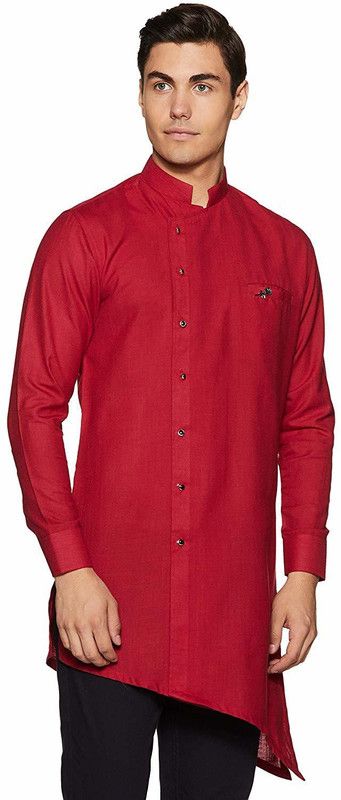 Men Solid Linen Blend Asymmetric Kurta  (Maroon)