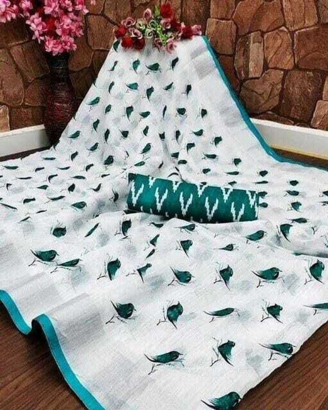 Printed Chanderi Cotton Linen Saree  (Green)