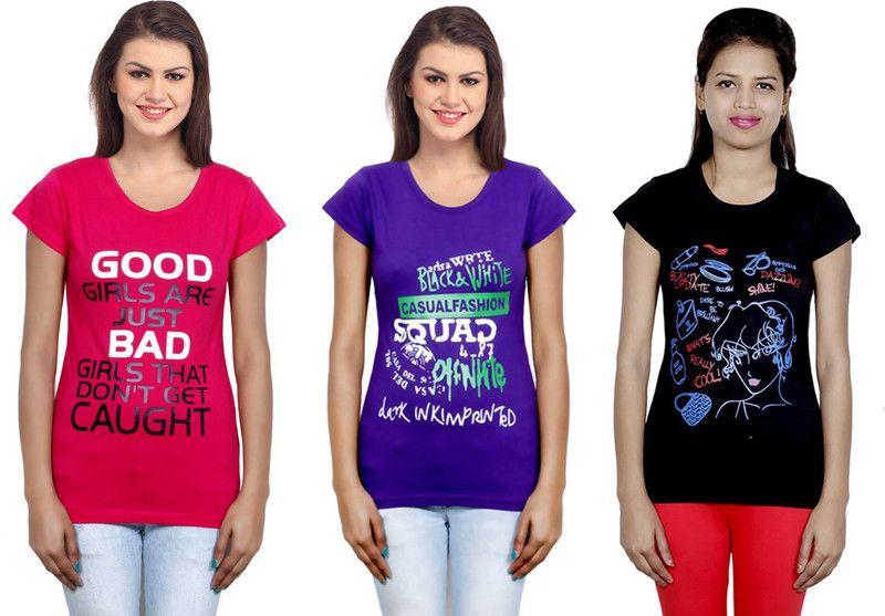 Pack of 3 Women Printed Round Neck Cotton Blend Purple, Pink, Black T-Shirt