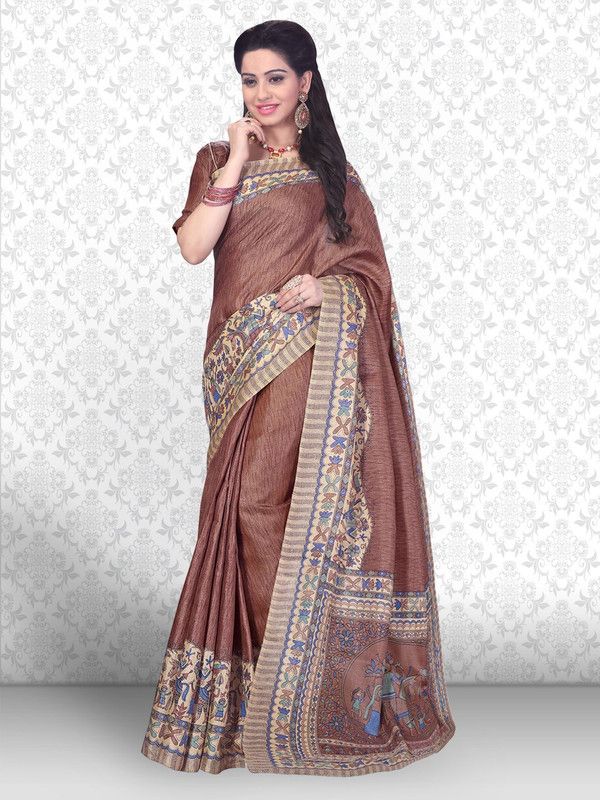 Printed Madhubani Art Silk Saree  (Brown)