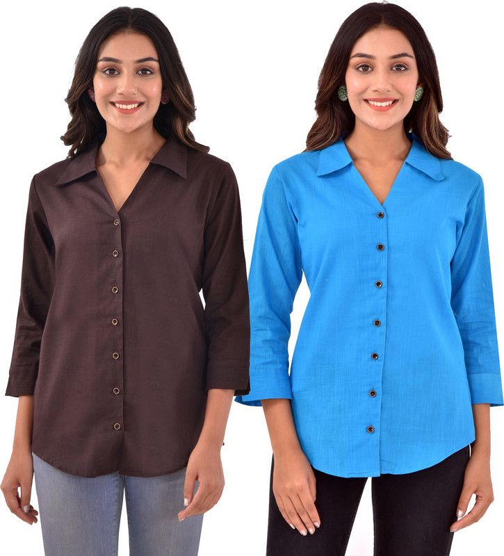 Women Solid Formal Brown, Light Blue Shirt  (Pack of 2)