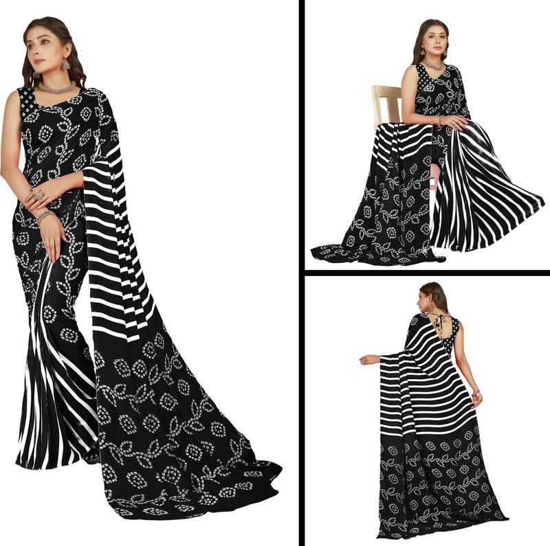 Printed, Paisley, Striped Daily Wear Georgette Saree  (Black)