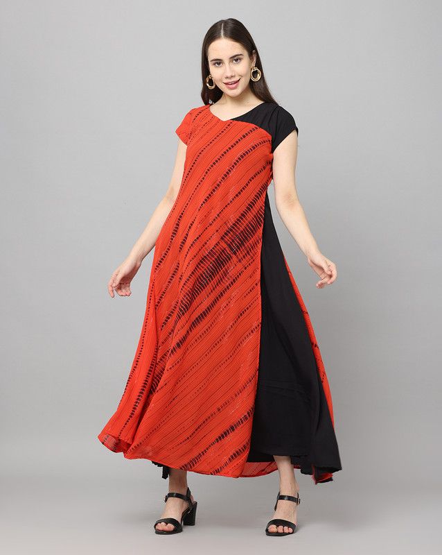Women Printed Georgette Gown Kurta  (Orange)