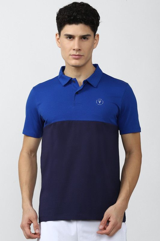 Men Colorblock Polo Neck Cotton Blend Dark Blue T-Shirt