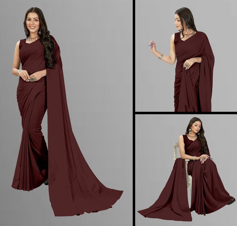 Solid/Plain Daily Wear Georgette Saree  (Brown)